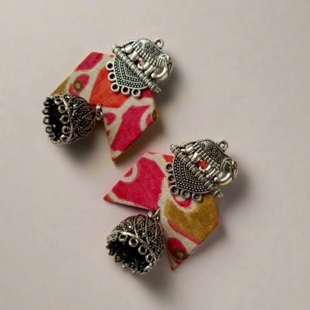 Pink Floral Printed Fabric Elephant Charm Oxidised Jhumka